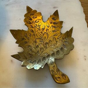 Vintage Brass Maple Leaf Ashtray: Etched Coin Holder